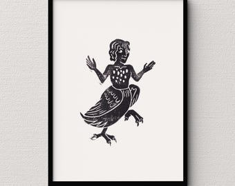 Medieval Marginalia A5 Original Linocut Print - Rutland Psalter Harpy