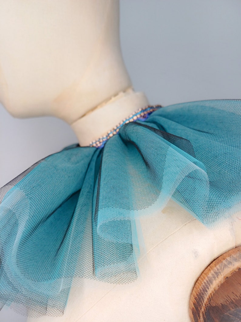 Blue ruffled tulle collar with blue and silver trim image 5