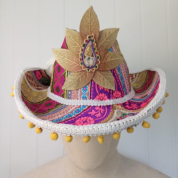 Embellished Festival Cowboy Hat: Pink, Yellow, Gold Pompom  display picture 1
