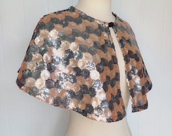 The Josephine Cape - Pale gold and grey sequins wave stripe short festival cape