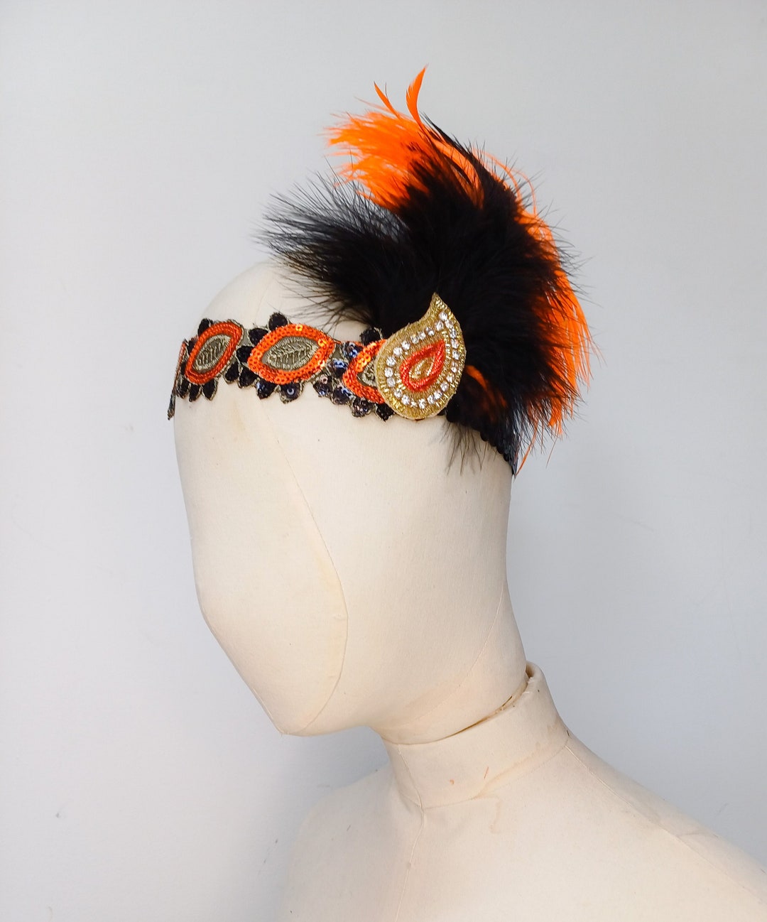Vintage Flapper Feather Headband with Beaded Sequin Embellishment Elastic Fit 1920s Flapper Feather Headband Sequin Retro Beaded  main image 2