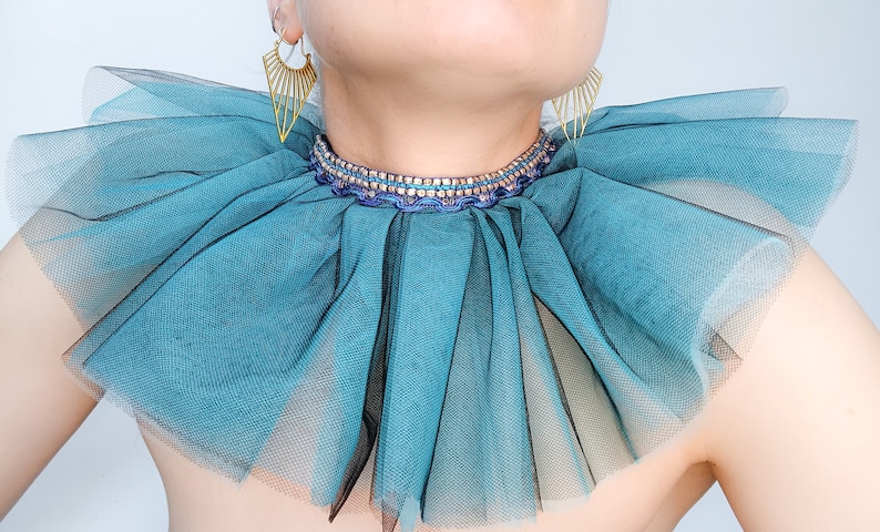 Blue ruffled tulle collar with blue and silver trim image 1