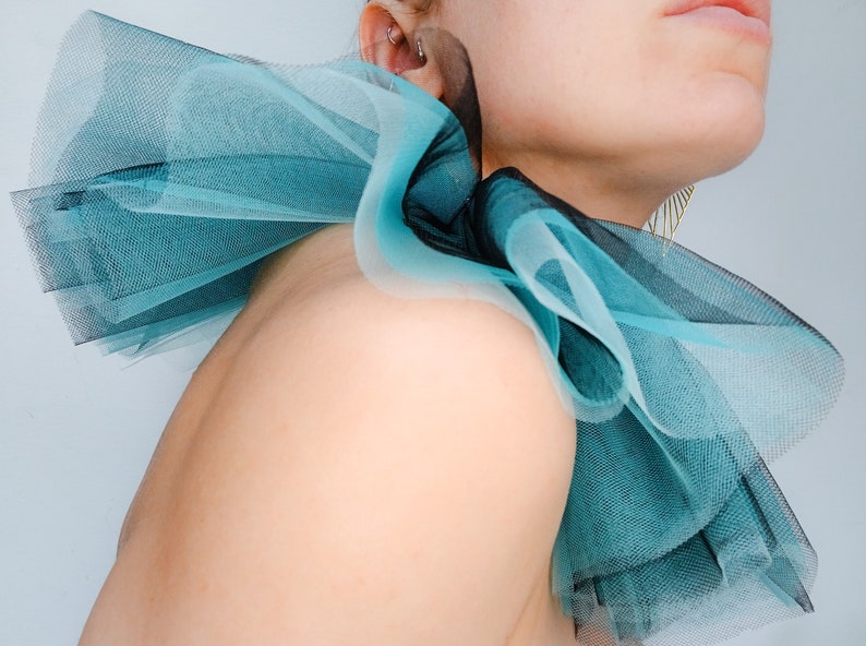Blue ruffled tulle collar with blue and silver trim image 10