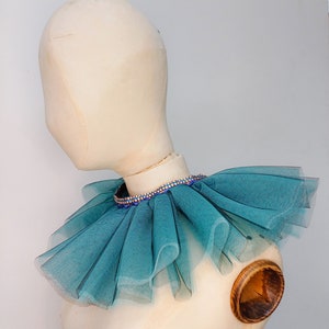 Blue ruffled tulle collar with blue and silver trim image 4