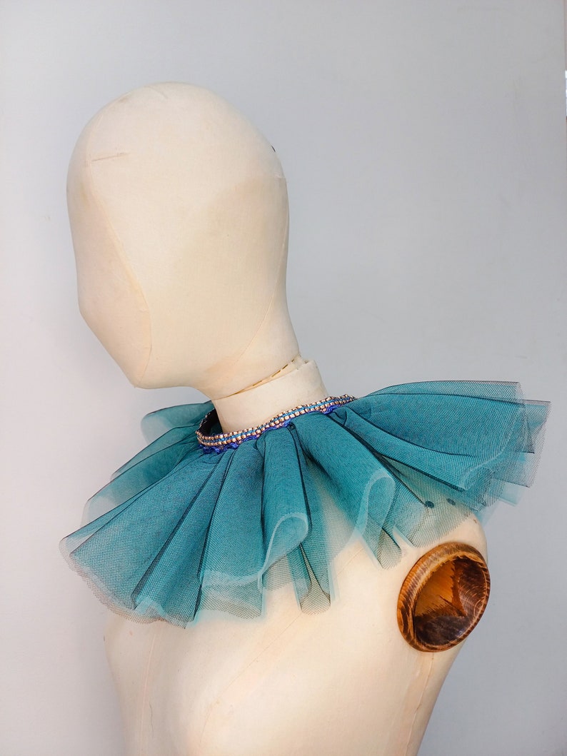 Blue ruffled tulle collar with blue and silver trim image 4