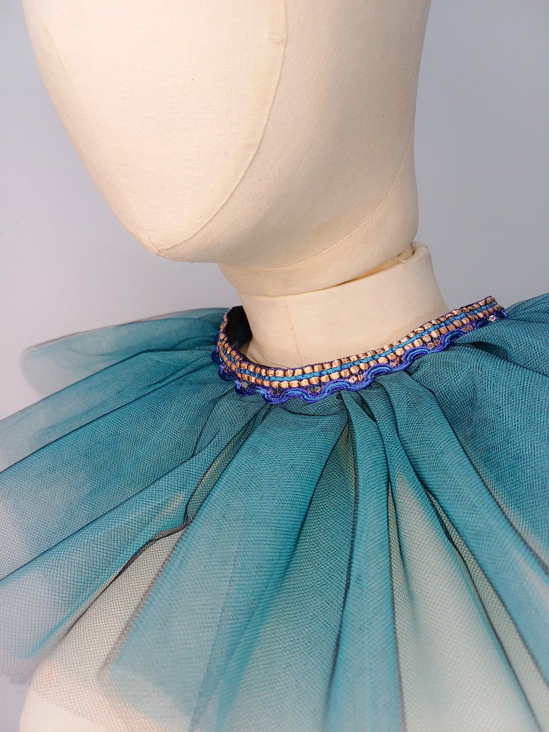 Blue ruffled tulle collar with blue and silver trim image 6