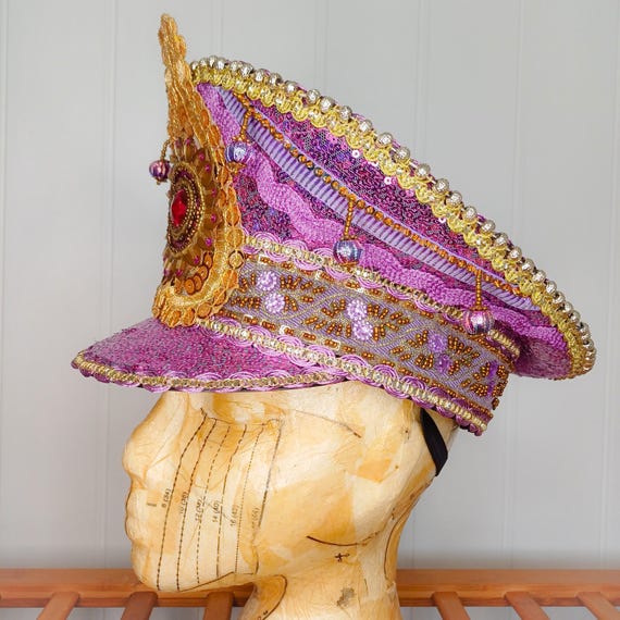 Gold Sequined & Beaded Large Brim Hat Gold Rhinestone Baseball Cap: Unisex Sparkly Bling Festival  main image 4