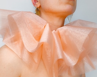 Pink ruffled tulle collar with black ribbon