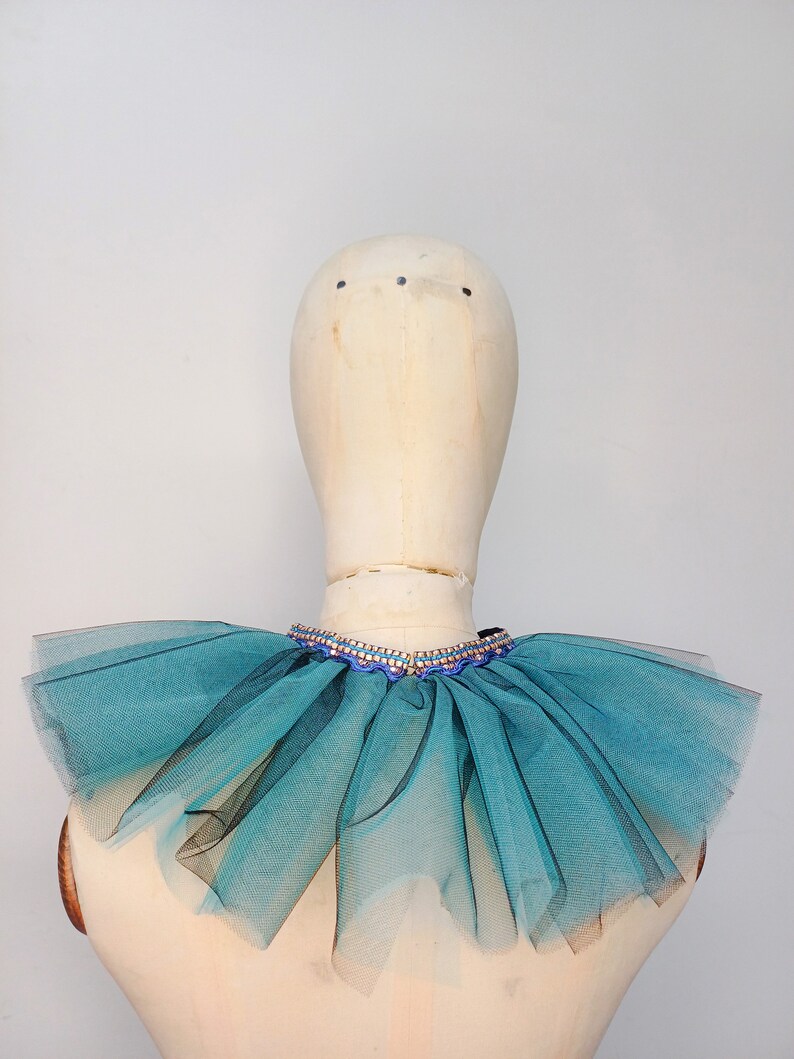 Blue ruffled tulle collar with blue and silver trim image 8