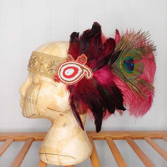 Red Flapper-style Headband With Feathers and Gold Sequin  display picture 2