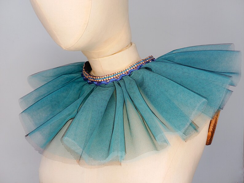 Blue ruffled tulle collar with blue and silver trim image 7
