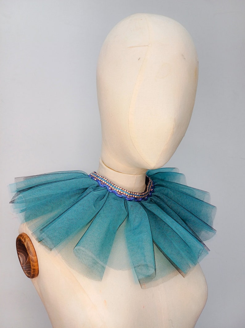 Blue ruffled tulle collar with blue and silver trim image 3