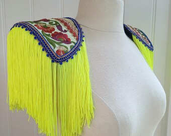 Festival Epaulettes: Handmade green, red and blue shoulder pads with neon green fringe