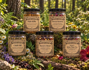 May include: Five clear glass jars filled with dried herbal tea blends, each featuring a cream-colored label with black text. The labels are titled Pain Killa, Rescue Remedy, Chill Pill, Raven's Heart, and Fern's Relax Time Tea, all marked 8 oz.