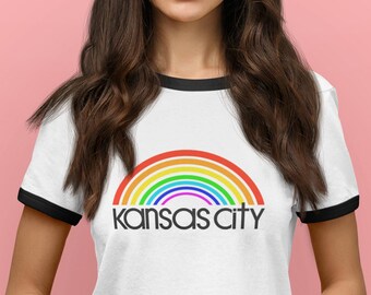 Kansas City Rainbow Ringer T-Shirt, Retro Pride Tee, Unisex KC Tshirt, LGBTQ Rainbow Shirt, Vintage Ringer