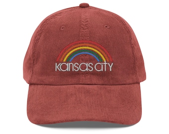 Embroidered Vintage Corduroy Unisex Cap, Retro Rainbow Kansas City Hat, Boho Style Baseball Cap, Gift for Him or Her, KC Pride Hat