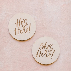 She/He is Here Sign | Birth Announcement Sign, Newborn Announcement, Wood Sign, She is Here, He is Here, Custom Calligraphy