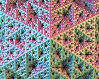 3D Printed Sierpiński Snowflake Fractal Pyramid Sculpture | Blue Yellow Fuchsia Tri-Color Silk PLA
