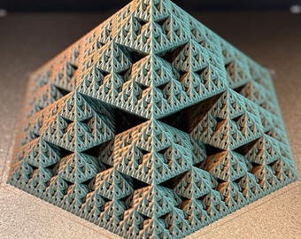 3D Printed Sierpiński Snowflake Fractal Pyramid Sculpture | Orange Blue Silk PLA