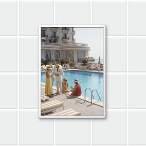French Riviera Pool Party Digital Art Print | Luxury Vacation Home Decor PDF | Chic People Poolside Wall Art | Vintage Summer Poster