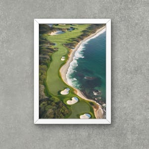 May include: Aerial view of a golf course along the coastline. The green grass of the course winds along the sandy beach and blue ocean. The image shows several sand traps on the course.