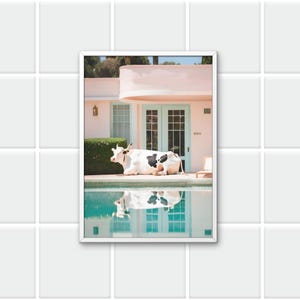 Fine Art Cow by the Pool Print -  Beverly Hills Art Photography Print - Modern Palm Springs Home Luxury Wall Decor, Digital download