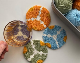 Flower Design Punch Needle Coaster Kit – DIY 4Pcs Tufting Project Kit  – Beginner Punch Embroidery Coaster Kit – 4Pc Flower Needle Art Set