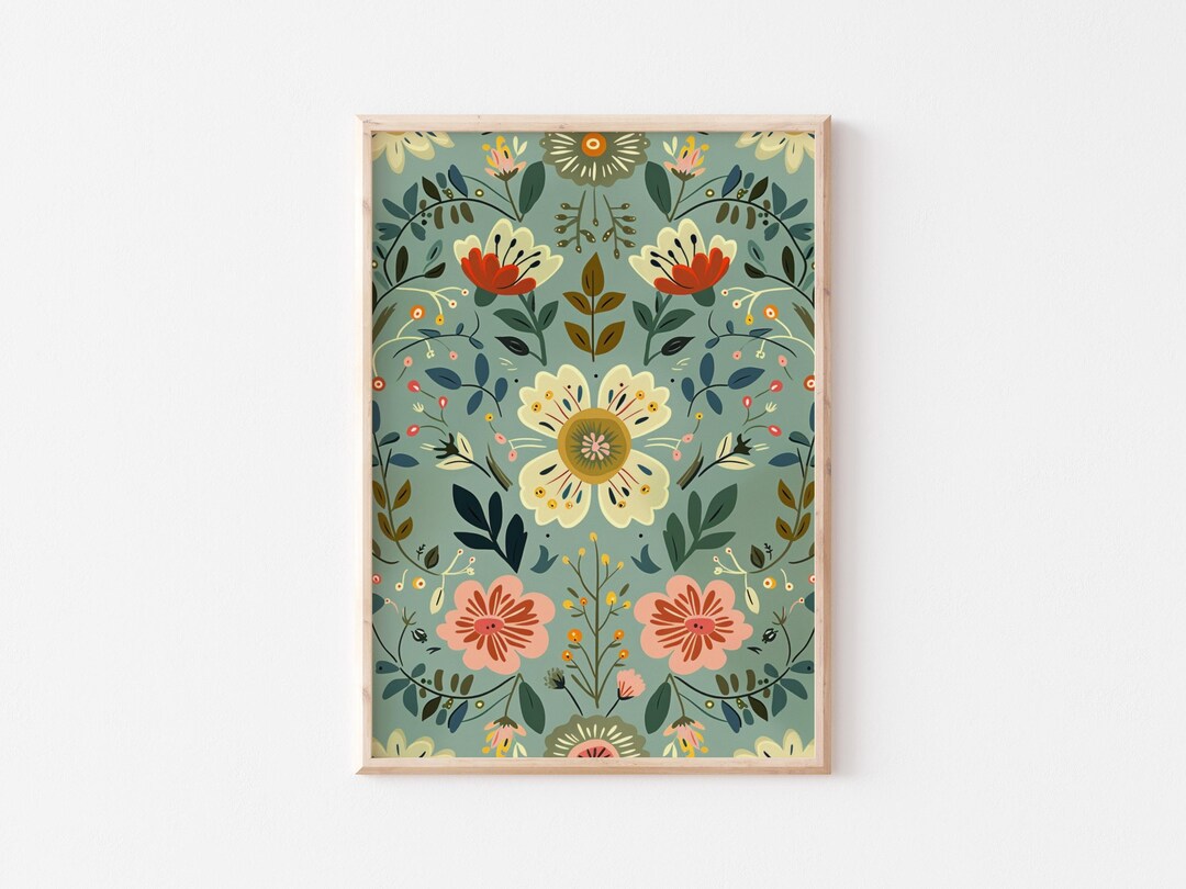 Sage Green Folk Art Print | Vintage Floral Poster | Cottagecore Room ...