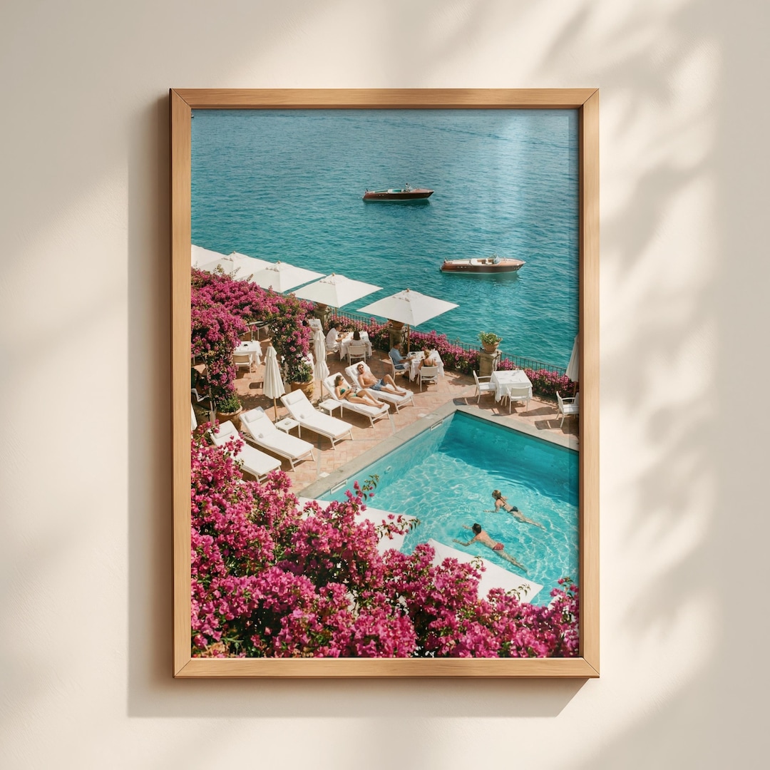 Amalfi Coast Pool Wall Art | Pink Bougainvillea Print | Italian Riviera ...