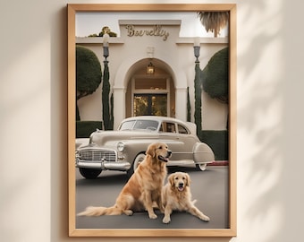 Affiche vintage Golden Retriever, style de vie Beverly Hills, cadeau rétro pour amoureux des chiens, esthétique classique et luxueuse, décoration sophistiquée pour animaux de compagnie