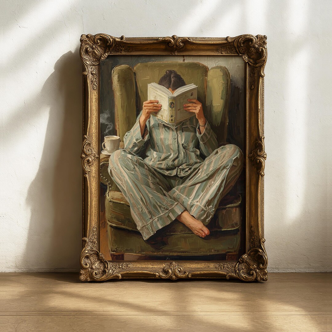 Book Lover Gift | Woman Reading in Pajamas Print | Cozy Reading Nook ...