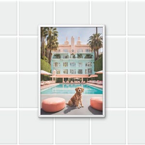Cães felizes na piscina, download digital do hotel Beverly, alta qualidade de vida, impressão de Palm Springs, arte de parede elegante, luxo, decoração chique, fotos de impressão estética