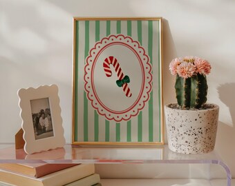 Vintage kerstprint met snoepriet | Vakantiemuurkunst (digitale download)