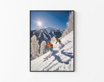 Arte mural de esquí / Póster de deportes de invierno / Impresión de montaña alpina / Decoración de cabañas de esquí / Arte après-ski / Fotografía de acción de esquiadores / Decoración de cabañas