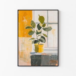 Pode incluir: Uma impressão de arte abstrata com uma planta em vaso em frente a uma janela. A pintura usa uma paleta de amarelo, verde e cinza. A planta está em um vaso amarelo e a janela tem um padrão de grade.
