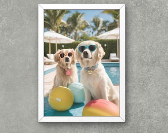 Golden Retrievers Poolside Art Print: Luxury Lifestyle Photography (Digital Download)