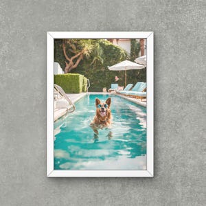 Cães felizes na piscina Beverly hotel download digital, vida alta, palm springs impressão elegante arte de parede, luxo, decoração chique, fotos de impressão estética