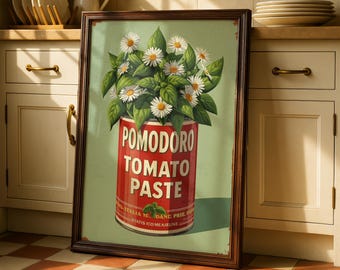 Arte mural de cocina italiana / Impresión vintage de pasta de tomate / Póster de comida moderna / Decoración retro de margaritas / Cocina Dopamine