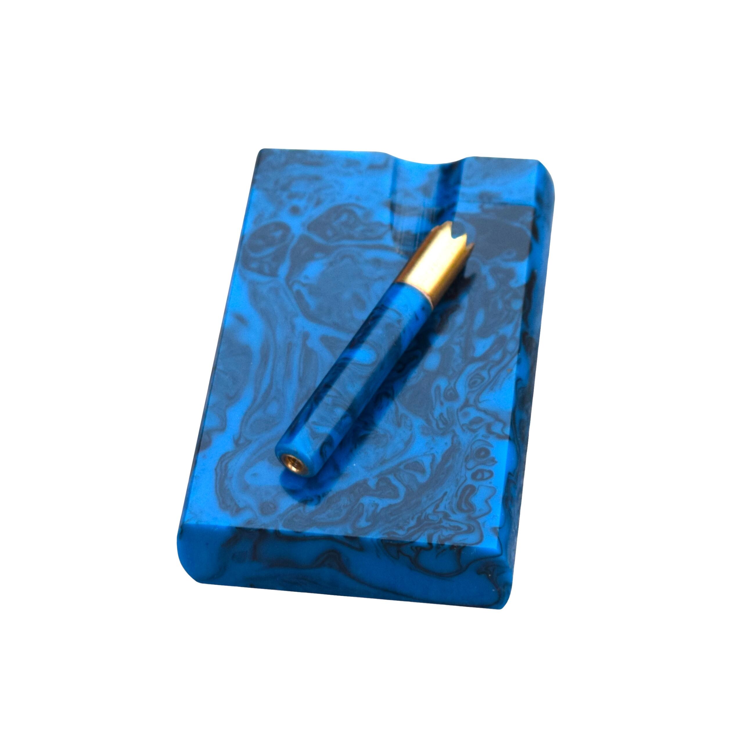 Blue Marbled Resin Dugout Set | 3 Inch Swivel Lid, Brass Bat