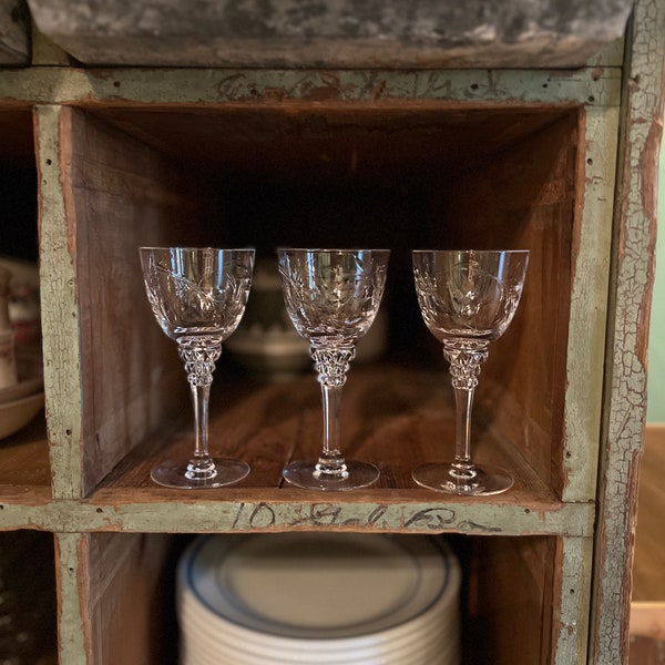 Antique cocktail Glasses Etched Crystal Cordial set of 7 antique crystal wine glasses