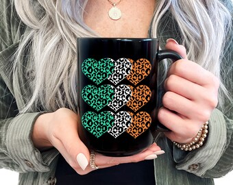 St Patrick's Day Coffee Mug: Shamrock Hearts, Irish Flag, 15oz