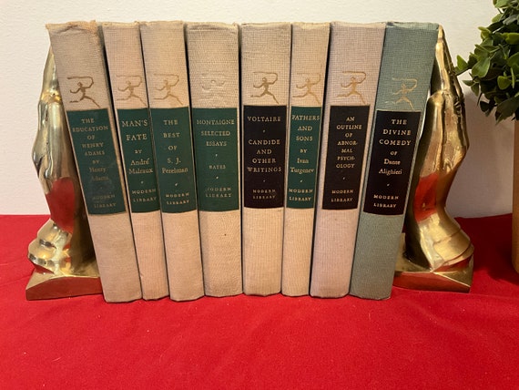 Vintage 1930s 40s and 50s set of 8 Decorative Green and Gray Modern Library Hardcovers