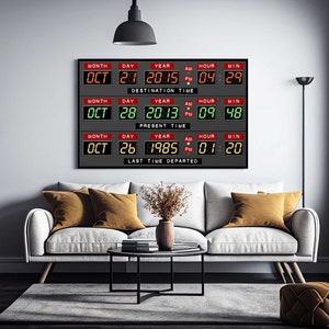 Könnte beinhalten: Ein schwarz-rotes digitales Display mit dem Text "MONTH DAY YEAR AM HOUR MIN" und den Daten "OCT 28 2015 PM 04 29", "OCT 28 2013 PM 09 48" und "OCT 26 1985 PM 01 20". Das Display zeigt auch den Text "DESTINATION TIME", "PRESENT TIME" und "LAST TIME DEPARTED".