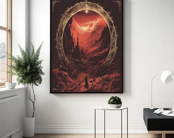 Puede incluir: Una impresión de arte digital que presenta un paisaje rojo oscuro con un anillo dorado y una figura de pie en primer plano. El anillo está adornado con intrincados detalles y rodea un castillo distante.