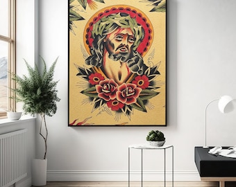 Jesus Canvas, Religious Tattoo, Jesus Tattoo Design, Jesus Tattoo Canvas, Tattoo Canvas,Traditional Tattoo,American Tattoo Canvas,Room Decor