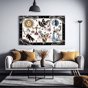 Zodiac Tattoo Canvas, Old School Tattoo Canvas, Tattoo Canvas, Sun Tattoo Canvas, Moon Tattoo, Horoscope Tattoo, American Traditional Tattoo
