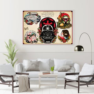 Star Wars Canvas, Tattoo Canvas, Starwars Tattoo, Death Star Canvas, Darth Vader Canvas, Traditional Tattoo Canvas, Room Decor, Living Room