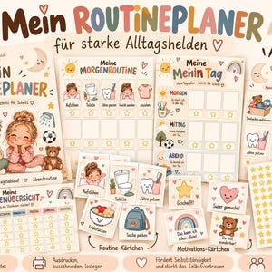 May include: A digital routine planner set for children featuring illustrated charts for morning, daily, and evening tasks. Includes printable cards with icons for hygiene, meals, and school, plus star stickers for motivation, all decorated with soft pastel colours and cute characters.