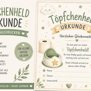 Puede incluir: Un certificado imprimible titulado TÖPFCHENHELD URKUNDE con ilustraciones de un orinal, un rollo de papel higiénico, un trofeo, estrellas y nubes. El documento incluye texto en alemán, líneas en blanco para nombre, fecha y firma, y hojas.