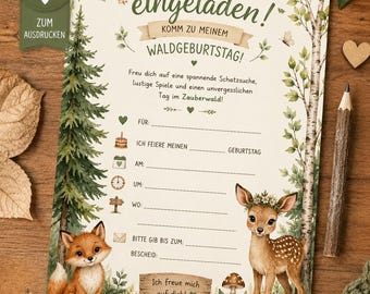 Wald Geburtstag Einladung | PDF zum Ausdrucken | Kindergeburtstag Wald | Einladungskarte | A4 Sofortdownload